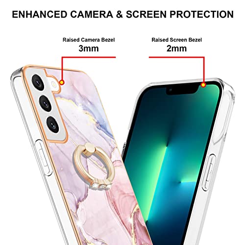 Monwutong Slim Fit Phone Case for Samsung Galaxy S23 (Not fit S23 Plus), IMD Marble Pattern Shiny Ring Kickstand Case for Girls,with Camera and Screen Protect Cover for Galaxy S23,ZHDD Rose Gold