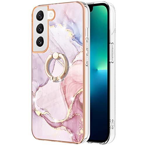 Monwutong Slim Fit Phone Case for Samsung Galaxy S23 (Not fit S23 Plus), IMD Marble Pattern Shiny Ring Kickstand Case for Girls,with Camera and Screen Protect Cover for Galaxy S23,ZHDD Rose Gold