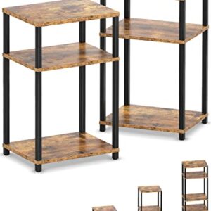 WOODYNLUX End Table Night Stand Set of 2, 3-Tier Bedside Tables, 5-Tier Shelf Bookcase, Accent Side Table for Couch, Living Room, Bedroom, Rustic Brown and Black, Easy Assembly.