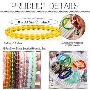 Neovivi 20pcs Beaded Crystal Bracelets for Women and Girls, Stackable Stretch Elastic Bohemian Round Stone Glass Bead Bracelet Jewelry Pack Sets Bulk Wholesale Pink Blue Yellow White Red Black…