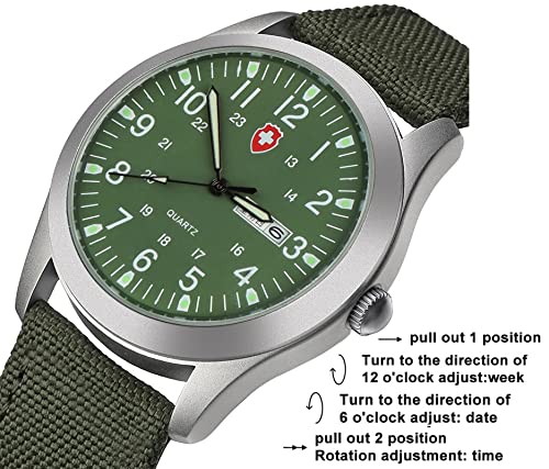 Gosasa Unisex Military Watches Sport Textile Nylon Strap Luminous Fashion Watch Analog Display Quartz Waterproof Casual Wristwatch (Green 2)