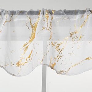 Sutuo Home Marble White Sheer Valance Curtains 18 Inch Length 1 Panel, Gold Foil Print Metallic Bronzing, Privacy Window Treatment Decor Abstract Short Drape Pair for Kitchen 52" W x 18" L