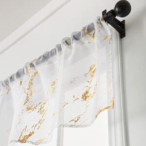 Sutuo Home Marble White Sheer Valance Curtains 18 Inch Length 1 Panel, Gold Foil Print Metallic Bronzing, Privacy Window Treatment Decor Abstract Short Drape Pair for Kitchen 52" W x 18" L