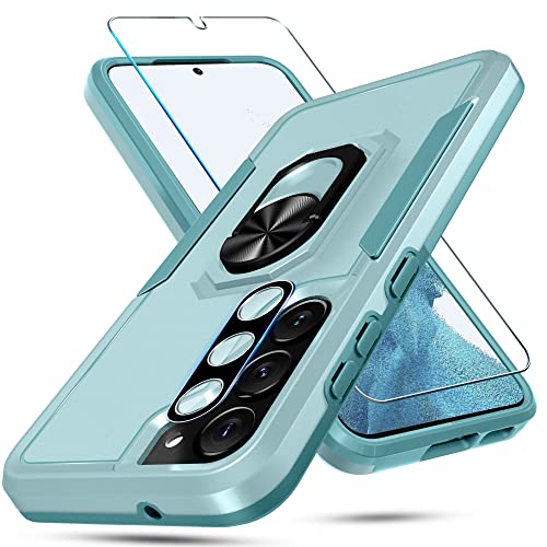 Janmitta Samsung Galaxy S23 Case with Screen Protector+Camera Lens Protector,Heavy Duty Shockproof Full Body Phone Cover Built in Rotatable Magnetic Ring Holder Kickstand,2023 Mint Green