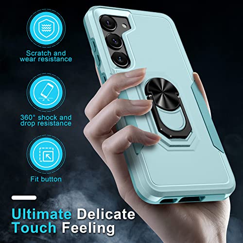 Janmitta Samsung Galaxy S23 Case with Screen Protector+Camera Lens Protector,Heavy Duty Shockproof Full Body Phone Cover Built in Rotatable Magnetic Ring Holder Kickstand,2023 Mint Green