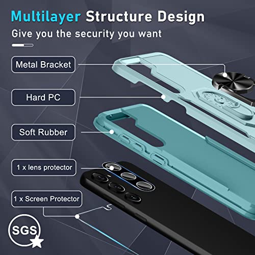 Janmitta Samsung Galaxy S23 Case with Screen Protector+Camera Lens Protector,Heavy Duty Shockproof Full Body Phone Cover Built in Rotatable Magnetic Ring Holder Kickstand,2023 Mint Green