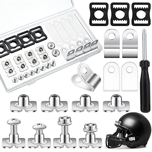 26 Pcs Helmet Repair Kit Include Helmet Chin Strap Screwdriver 4 R Shape Football Visor Clips 12 Screws with Nuts 4 Rubber Gaskets 4 Helmet Buckles, Hardware Kit for Youth Hockey Baseball Sports