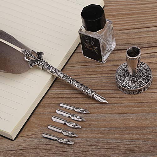 Eujgoov Calligraphy Feather Quill Pen Set Fountain Dip Pen and Ink Set in Gift Box with 5 Nibs (Black)