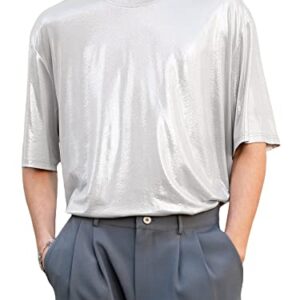 WDIRARA Men's Metallic Crewneck Short Sleeve Party Club Oversized Tee Shirt Top Silver M