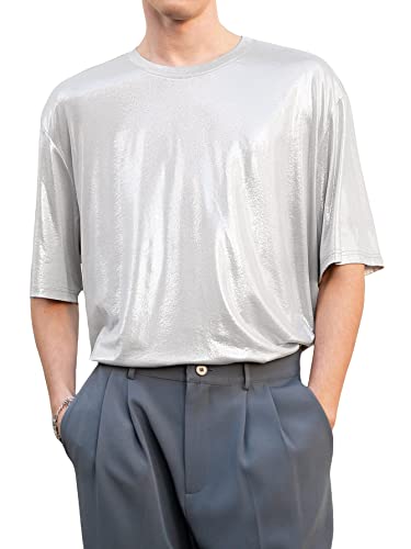 WDIRARA Men's Metallic Crewneck Short Sleeve Party Club Oversized Tee Shirt Top Silver M