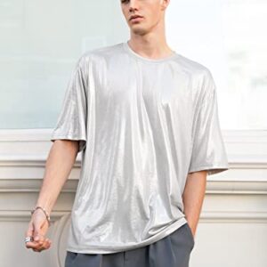 WDIRARA Men's Metallic Crewneck Short Sleeve Party Club Oversized Tee Shirt Top Silver M