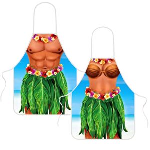 2 pack funny creative cooking couples apron with adjustable waist ties muscle man bikini girl aprons for party (hula theme)