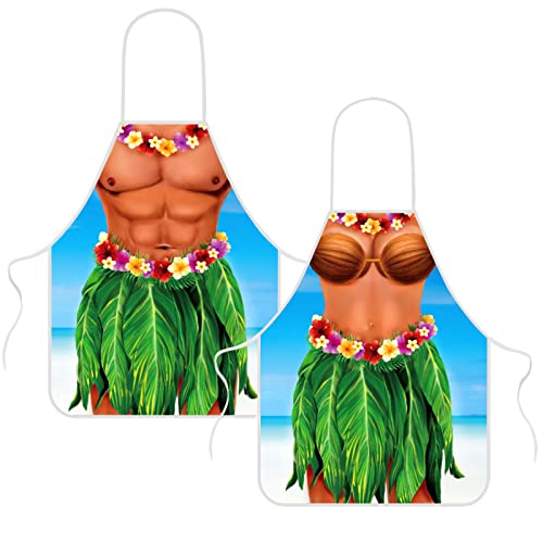 2 Pack Funny Creative Cooking Couples Apron with Adjustable Waist Ties Muscle Man Bikini Girl Aprons for Party (Hula Theme)