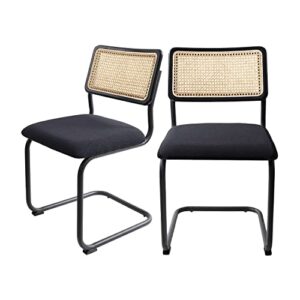 grandnoor rattan dining chairs,wooden mid-century modern kitchen chairs, armless mesh back cane chairs, upholstered boucle chairs with metal chrome legs, set of 2 (black, 2pcs-dining chairs)