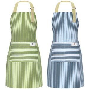 nlus 2 pack waterproof cooking apron for women with pocket adjustable chef aprons for kitchen, cooking, baking, bbq, grill(blue/green)