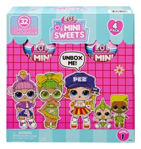 lol surprise loves mini sweets dolls 4-pack #3 jolly rancher, pez, mike & ikes, dum dums w/ 32 surprises, candy theme, accessories, collectible doll, paper packaging