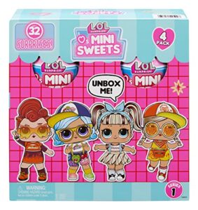 lol surprise loves mini sweets dolls 4-pack #1 jolly rancher, hot tamales, hershey’s chocolate, chupa chups, w/ 32 surprises, candy theme, accessories, collectible doll, paper packaging