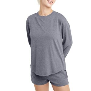 hanes originals tri-blend long-sleeve t-shirt, crewneck tee for women, relaxed fit, athletic navy pe heather, large