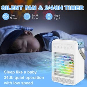 Portable Air Conditioner, Personal Air Cooler Mini with 2 Mists 4 Speeds, 120°Auto Oscillation, 600ML Tank, 2/4/6H Timer, 7 Colors Light, Evaporative Air Cooler Fan for Room Office Bedroom Camping