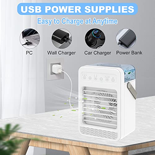 Portable Air Conditioner, Personal Air Cooler Mini with 2 Mists 4 Speeds, 120°Auto Oscillation, 600ML Tank, 2/4/6H Timer, 7 Colors Light, Evaporative Air Cooler Fan for Room Office Bedroom Camping