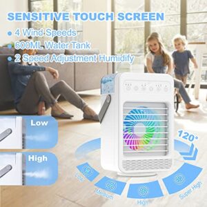 Portable Air Conditioner, Personal Air Cooler Mini with 2 Mists 4 Speeds, 120°Auto Oscillation, 600ML Tank, 2/4/6H Timer, 7 Colors Light, Evaporative Air Cooler Fan for Room Office Bedroom Camping