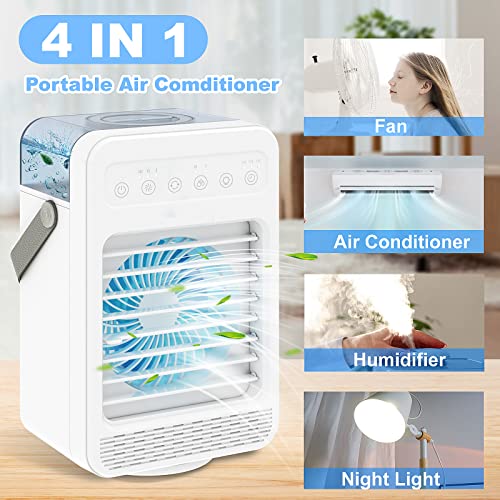 Portable Air Conditioner, Personal Air Cooler Mini with 2 Mists 4 Speeds, 120°Auto Oscillation, 600ML Tank, 2/4/6H Timer, 7 Colors Light, Evaporative Air Cooler Fan for Room Office Bedroom Camping