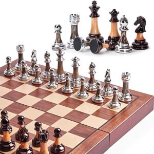 vamslove chess set large 16''/42cm folding wooden board with deluxe weighted acrylic chess pieces - 3.5" king with storage slots for adults house warming retirement gift