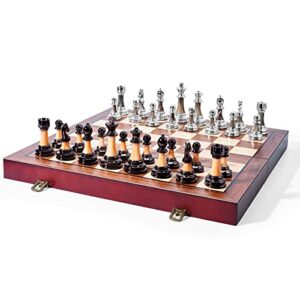 VAMSLOVE Chess Set Large 16''/42cm Folding Wooden Board with Deluxe Weighted Acrylic Chess Pieces - 3.5" King with Storage Slots for Adults House Warming Retirement Gift