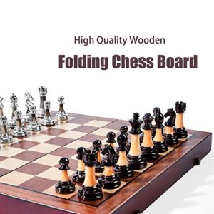 VAMSLOVE Chess Set Large 16''/42cm Folding Wooden Board with Deluxe Weighted Acrylic Chess Pieces - 3.5" King with Storage Slots for Adults House Warming Retirement Gift