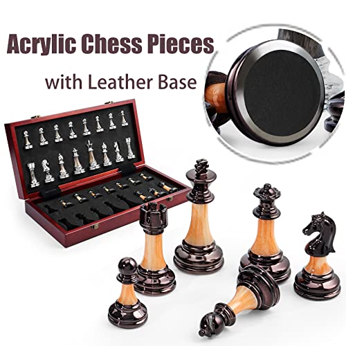 VAMSLOVE Chess Set Large 16''/42cm Folding Wooden Board with Deluxe Weighted Acrylic Chess Pieces - 3.5" King with Storage Slots for Adults House Warming Retirement Gift