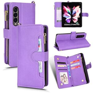 eaxer for samsung galaxy z fold3 5g case, wallet case magnetic pu leather wallet card holder zipper straps phone protective case cover (purple)