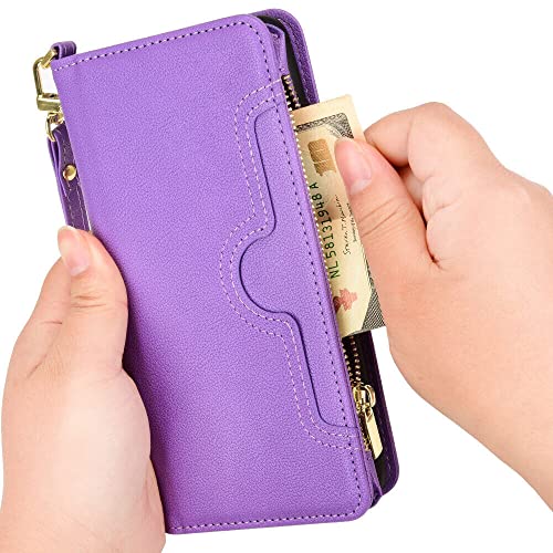 EAXER for Samsung Galaxy Z Fold3 5G Case, Wallet Case Magnetic PU Leather Wallet Card Holder Zipper Straps Phone Protective Case Cover (Purple)