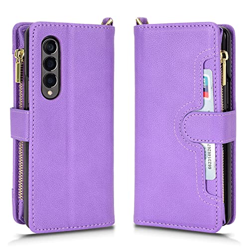 EAXER for Samsung Galaxy Z Fold3 5G Case, Wallet Case Magnetic PU Leather Wallet Card Holder Zipper Straps Phone Protective Case Cover (Purple)