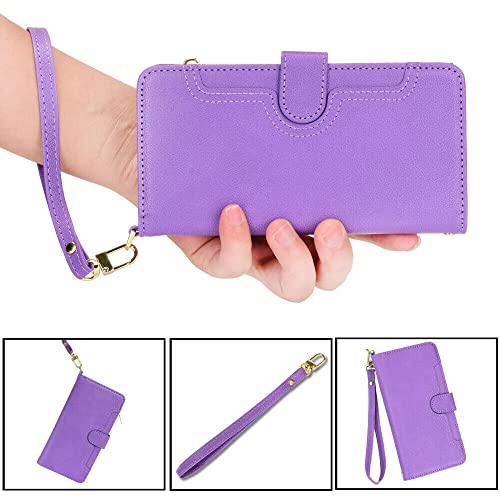 EAXER for Samsung Galaxy Z Fold3 5G Case, Wallet Case Magnetic PU Leather Wallet Card Holder Zipper Straps Phone Protective Case Cover (Purple)