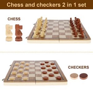 BA1 56Pcs Chess and Checkers Set Chess Game Set Wooden 2-in-1 Board Game Magnetic Travel Chess Board Game Portable Board Games Accessories with Drawstring Storage Pouch for Kids Adults BA1