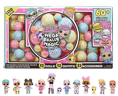 LOL Surprise Mega Ball Magic - 12 Collectible Dolls, 60+ Surprises, 170 Value, 4 Unboxing Experiences, Squish Sand, Bubbles, Gel Crush, Shell Smash, Mix/Match Fashions Limited Edition Gift, Girls 3+