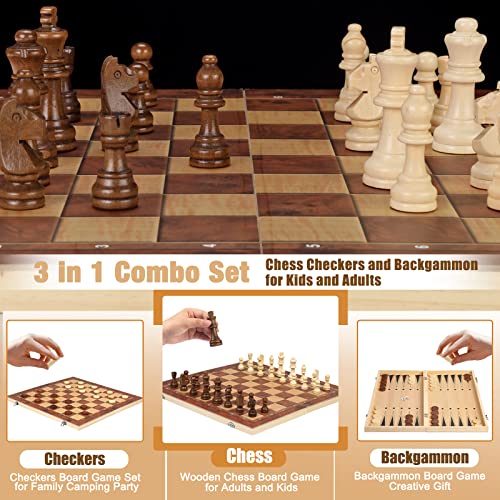 Chess Checkers Backgammon 3-in-1 Board Games Sets, Wooden Chess Set for Adults & Kids, 17.2" Lightweight Checkers Board Game,Strategy Backgammon Sets for Adults, Travel Chess Board Game Pieces Storage