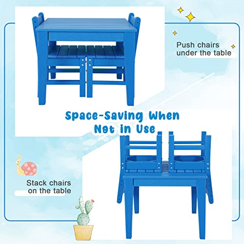 Costzon Kids Table and Chair Set, 3 Piece All-Weather Activity Table for Indoor & Outdoor, Heavy-Duty & Waterproof Furniture Set for Playroom, Nursery, Backyard, Toddler Table and Chair Set (Blue)