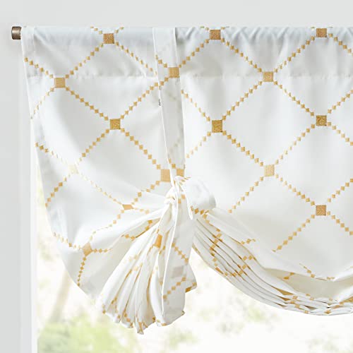 jinchan Tie Up Valance Curtain with Diamond Embroidery 45 Inch Geometric Valance Rod Pocket Adjustable Tie-up Shade Valance Window Treatments for Living Room Kitchen Light Filtering 1 Panel Gold