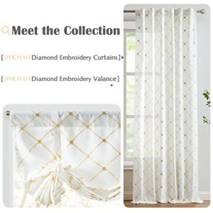 jinchan Tie Up Valance Curtain with Diamond Embroidery 45 Inch Geometric Valance Rod Pocket Adjustable Tie-up Shade Valance Window Treatments for Living Room Kitchen Light Filtering 1 Panel Gold