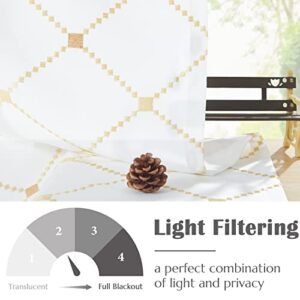 jinchan Tie Up Valance Curtain with Diamond Embroidery 45 Inch Geometric Valance Rod Pocket Adjustable Tie-up Shade Valance Window Treatments for Living Room Kitchen Light Filtering 1 Panel Gold