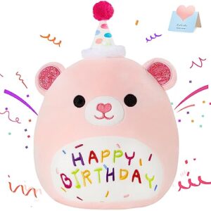 bstaofy pink happy birthday teddy bear soft plush pillow birthday stuffed animals squishy pillows gifts for toddler kids girls birthday party decrations, 12''