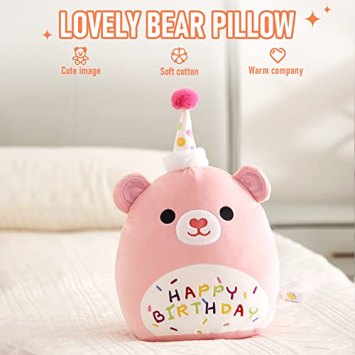 BSTAOFY Pink Happy Birthday Teddy Bear Soft Plush Pillow Birthday Stuffed Animals Squishy Pillows Gifts for Toddler Kids Girls Birthday Party Decrations, 12''