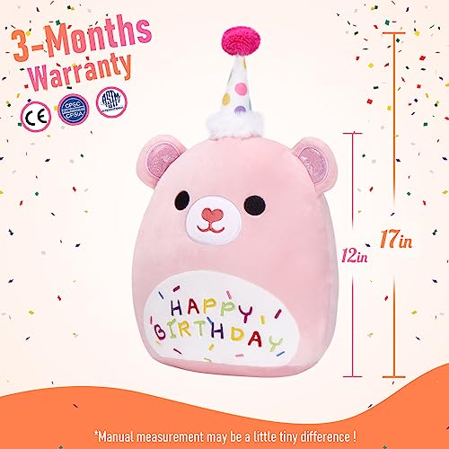 BSTAOFY Pink Happy Birthday Teddy Bear Soft Plush Pillow Birthday Stuffed Animals Squishy Pillows Gifts for Toddler Kids Girls Birthday Party Decrations, 12''