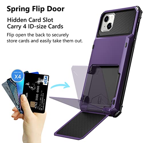 Vofolen Case for iPhone 13 Wallet 4-Card Holder ID Slot Flip Door Hidden Pocket Anti-Scratch Dual Layer Hybrid TPU Bumper Armor Protective Hard Shell Back Cover for iPhone 13 6.1 inch GreyPurple