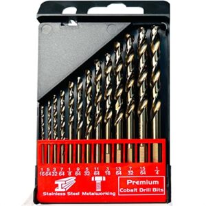 stroton cobalt drill bit set (1/16-1/4 inch, 13pcs), m35 high speed steel twist drill bits for stainless steel, hard metal, cast iron, plastic and wood