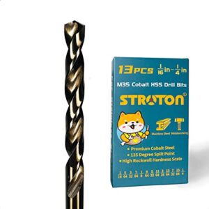 STROTON Cobalt Drill Bit Set (1/16-1/4 Inch, 13PCS), M35 High Speed Steel Twist Drill Bits for Stainless Steel, Hard Metal, Cast Iron, Plastic and Wood