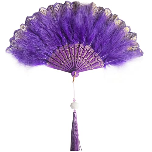 Huralona 1920s Vintage Style Flapper Hand Fan Embroidered Flower Marabou Feather Fan (Glitter Purple)