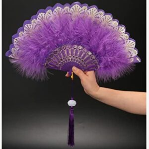 Huralona 1920s Vintage Style Flapper Hand Fan Embroidered Flower Marabou Feather Fan (Glitter Purple)