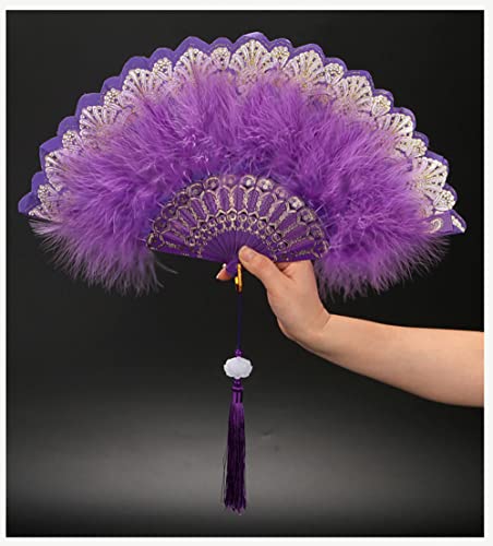 Huralona 1920s Vintage Style Flapper Hand Fan Embroidered Flower Marabou Feather Fan (Glitter Purple)